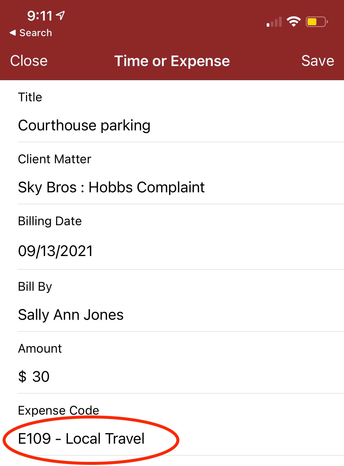 Adding law firm billing LEDES codes on a mobile app